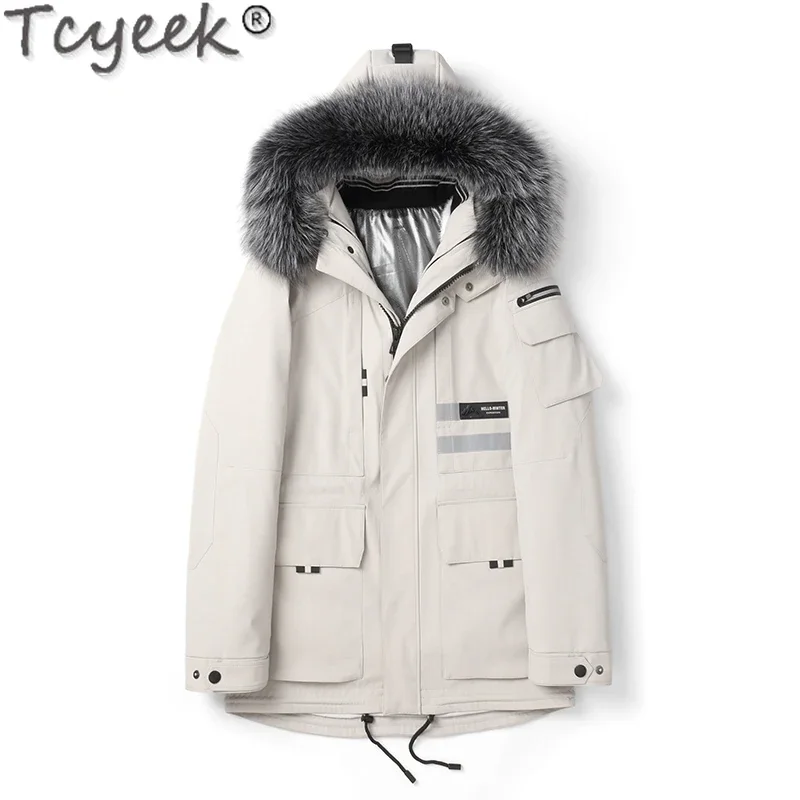 Tcyeek Natural Mink Fur Coat Men Real Fur Parka Mid-length Men's Parka Whole Mink Winter Jacket Men Warm Sliver Fox Fur Collar