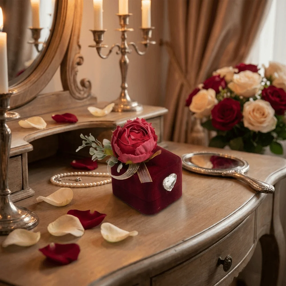 Heart Shaped Wedding Ring Box Artificial Flower Smooth Material Heart Jewelry Box Compact Structure Romantic Design