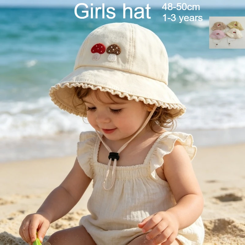 Baby Mädchen Pilzhut 48-50cm 1-3 Jahre Mädchen Schleifen-Sonnenhut Kinder Outdoor-Bucket-Hat Kleinkind Sommermütze Kinder Baumwoll-Spitzenmützen