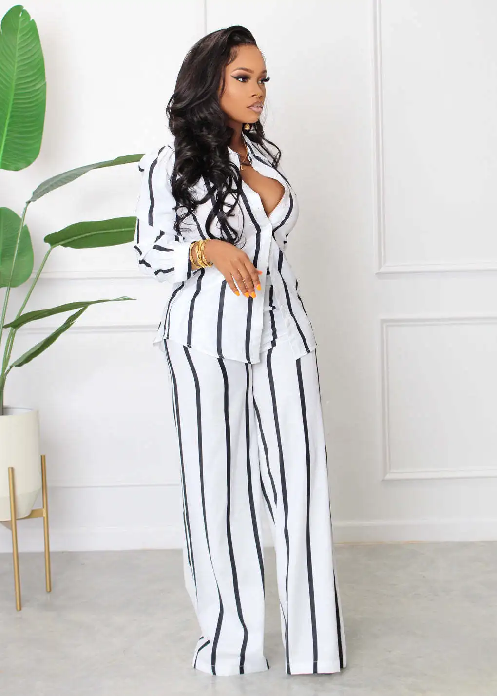 Autumn Winter Fashion Striped Print Set Women\'s Long-sleeve Button Shirt Wide-leg Pants Two-piece Suit Casual Office Ladies Sets