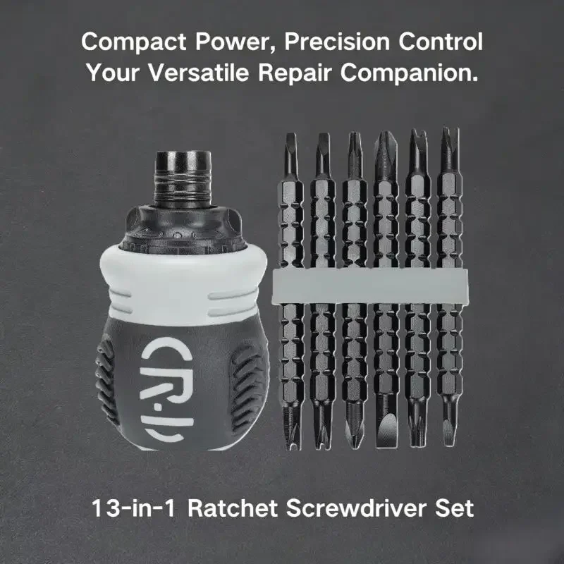 13-in-1 Variable Length Ratchet Screwdriver Set — Detachable CR-V Magnetic Bits, 3-Way Ratchet ABS Handle Portable Repair Kit