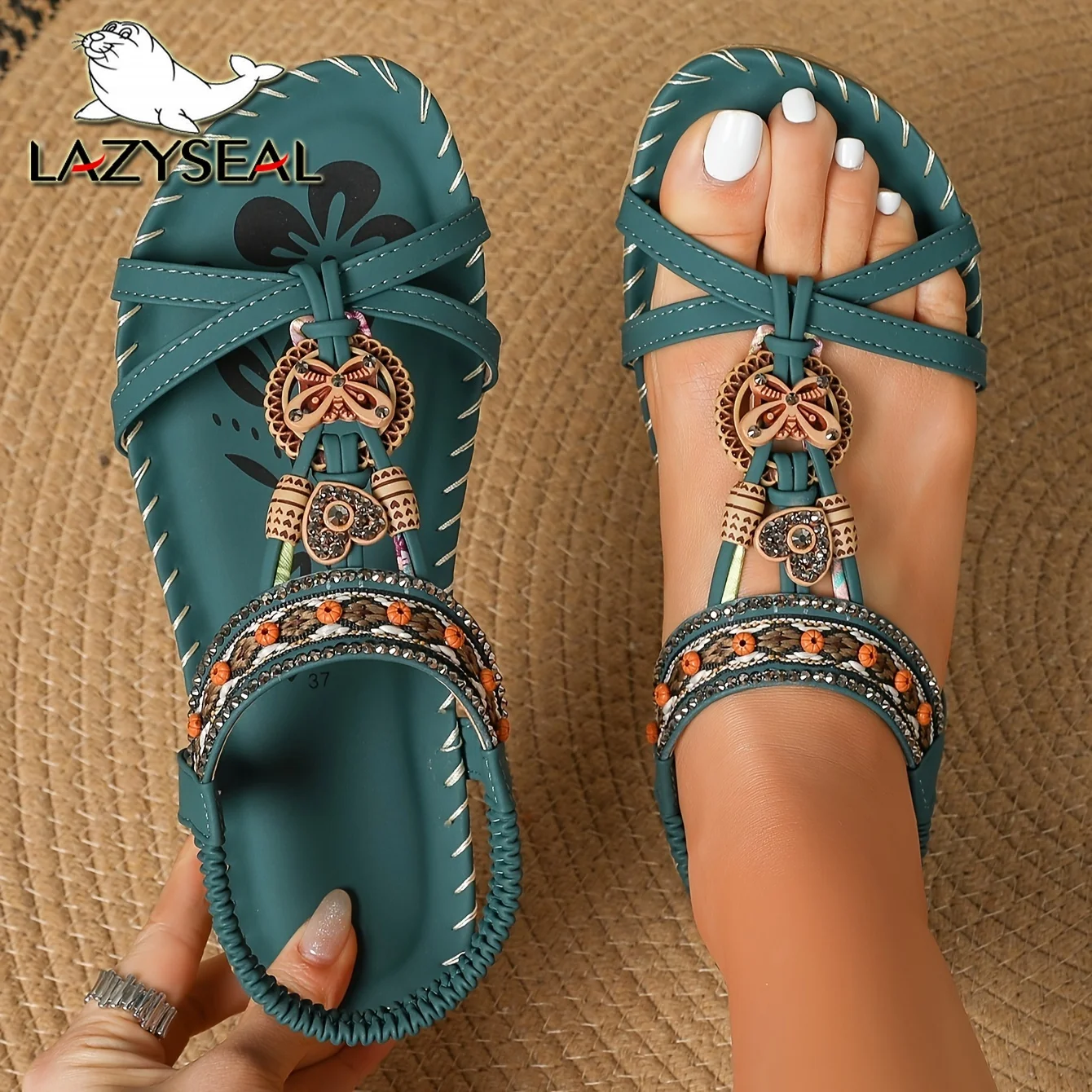 Sandalias planas de mujer de color verde oscuro, suela de TPR con cuentas hechas a mano, correa en el tobillo, zapatos sin cordones Retro de verano, sandalias informales con textura tejida