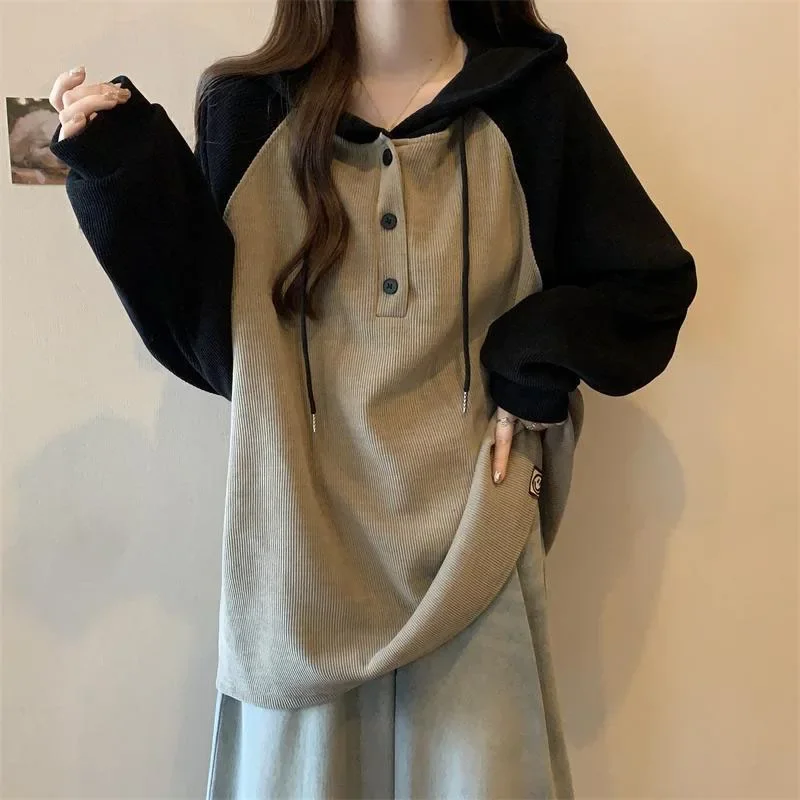 

Women Clothing Fashion Casual Long Sleeve Hoodies Spring Autumn Loose Lazy Style Top Tee Office Lady Button Patchwork Pullover