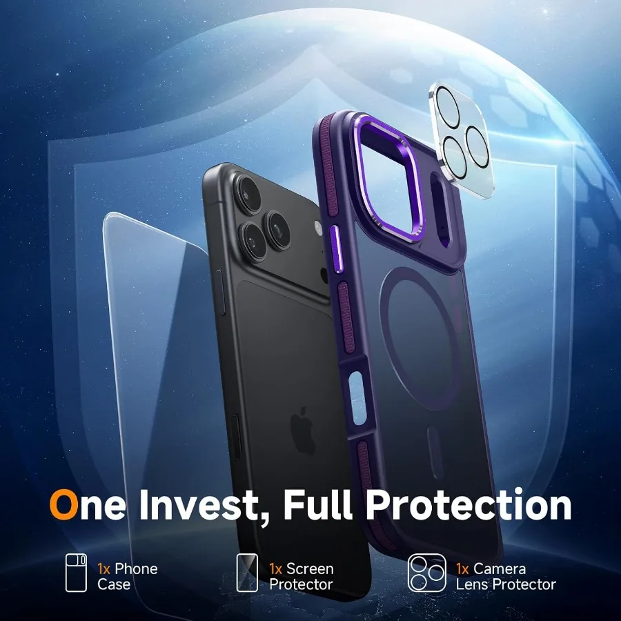 حافظة حماية مغناطيسية 3 في 1 لهاتف آيفون 17 برو مع توافق MagSafe بدون خياطة، تصميم متعدد الاتجاهات مقاوم للصدمات، رفيع T