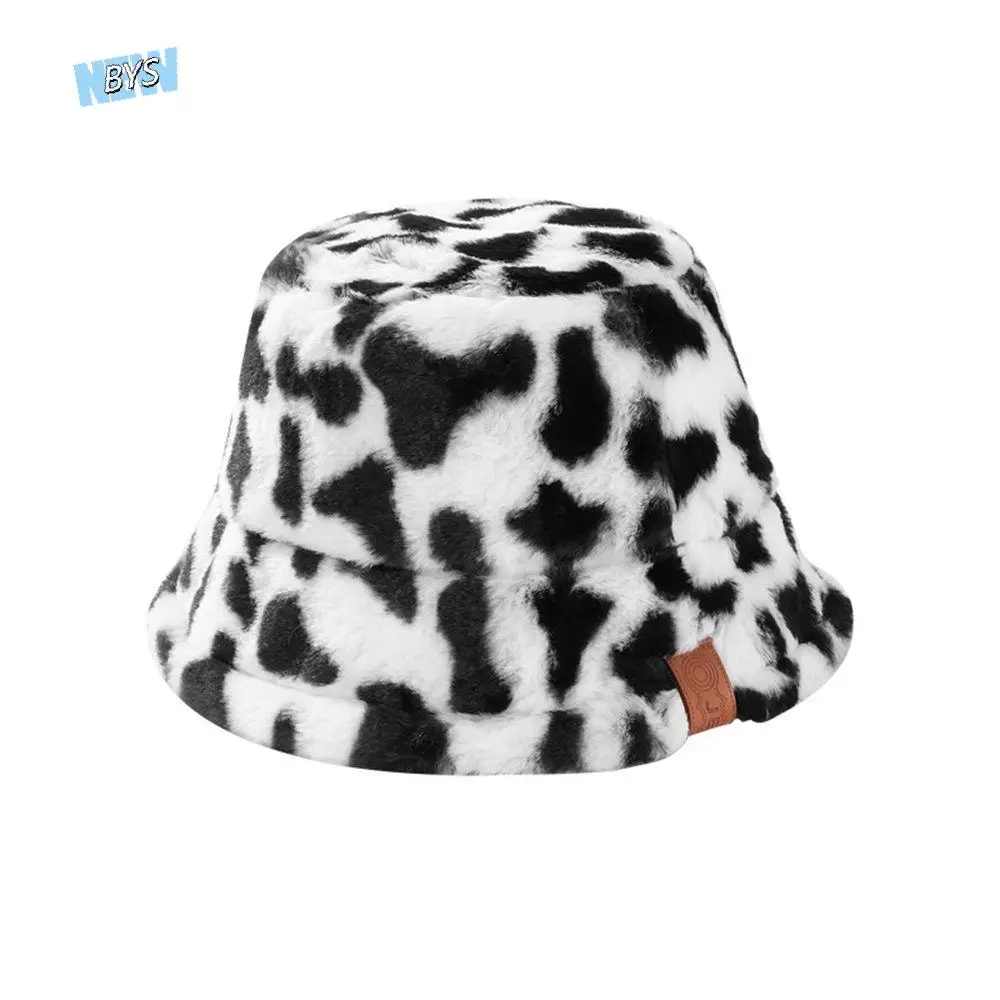 Lamb Plush Leopard Print Girl Casual Style For Women Flannel Bucket Hat Pure Color Caps Female Hats Korean Style Caps