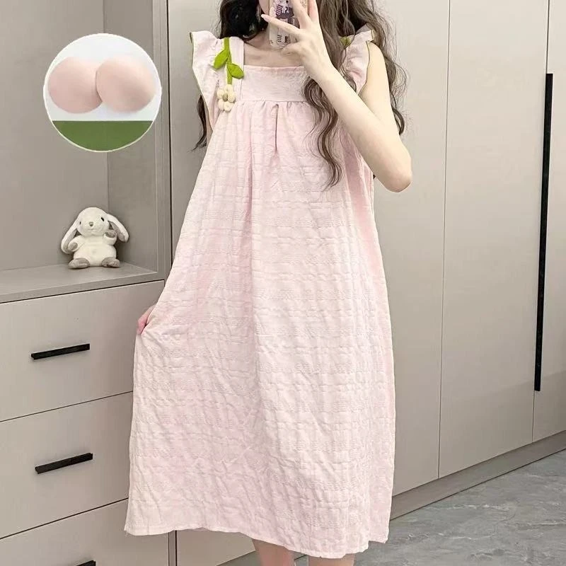 Cute Camisole Women Fashion Summer Nightgowns Sweet Girl Sleeveless Sling Pajama Lady Ribbons Bows Padding Sleepshirt Homewears - view 2