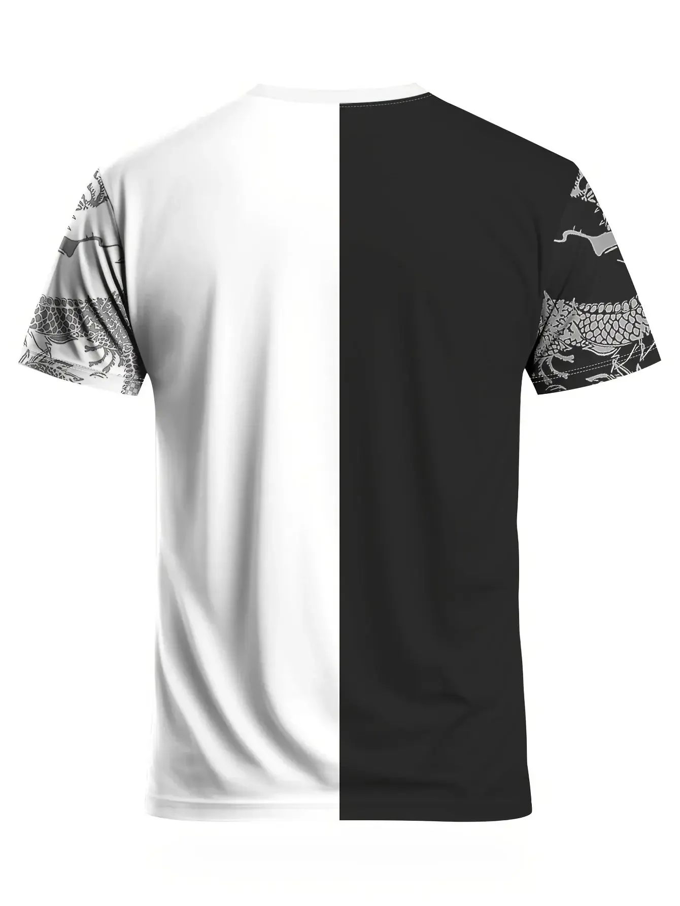 Men's Dragon-Pattern Sports T-Shirt Black and White Split Design Is Comfortable and Breathable Suitable for Training and Leisure
