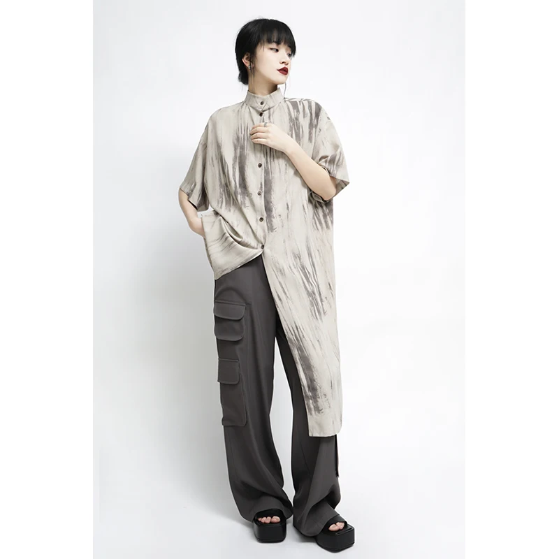 

Apozi Original Cerc Series Loose irt Women's Retro Print Stand Collar Single Button Five Sve Mid-Length Summer New