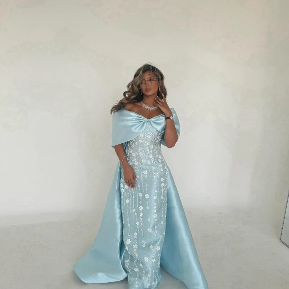 

Customized Sky Blue Off The Shoulder Appliques Satin Evening Dresses with Bow Straight Floor Length Watteau Train Pageant Gowns