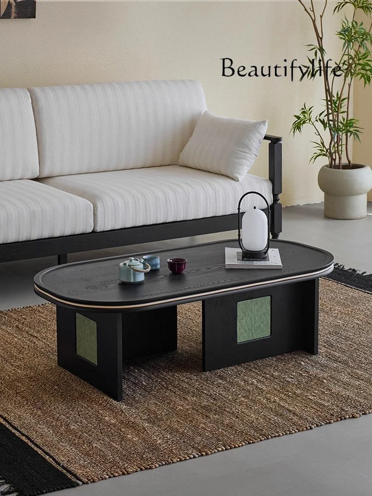

BJ Medieval Style Living Room Household Coffee Table Solid Wood Small Apartment Retro Oval Medieval Black Ash Wood Tea Table