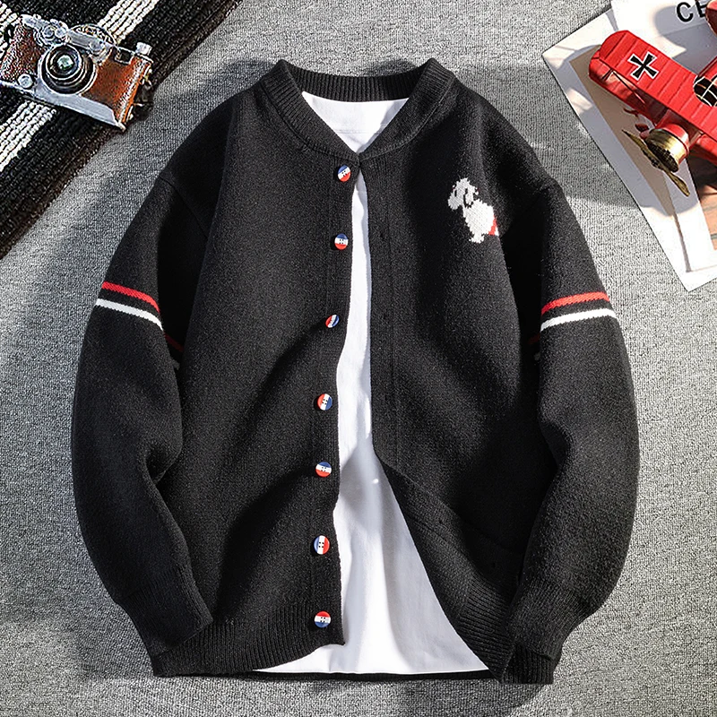 New color blocked striped Sweater Cardigan Men Trendy cute puppy print youth couple loose casual winter thick warm knitted coat