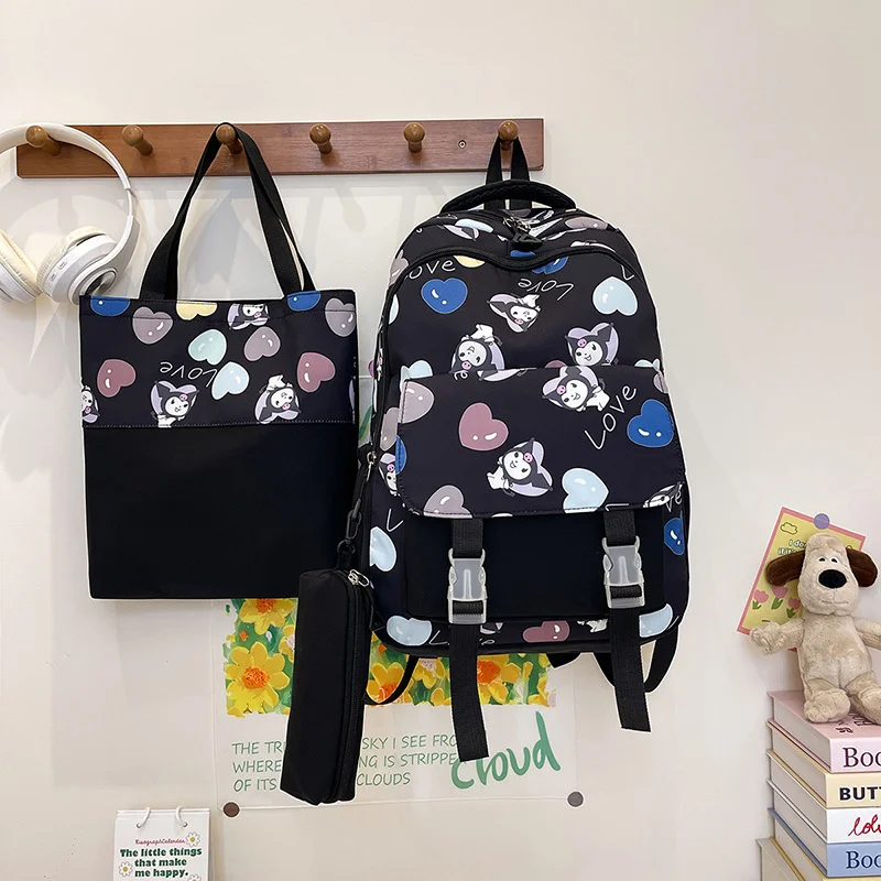 Sanrio Kulomi's new three-piece cartoon schoolbag, cute girl animation versatile backpack.