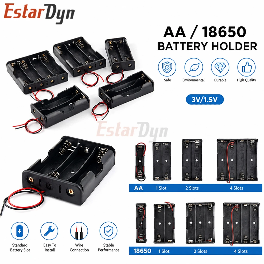 Estardyn Plastic AA/18650 Battery Holder Box Case with Wire Lead 1.5V/3.7V Clip 3V 12V USB Output Black DIY Power Bank Case