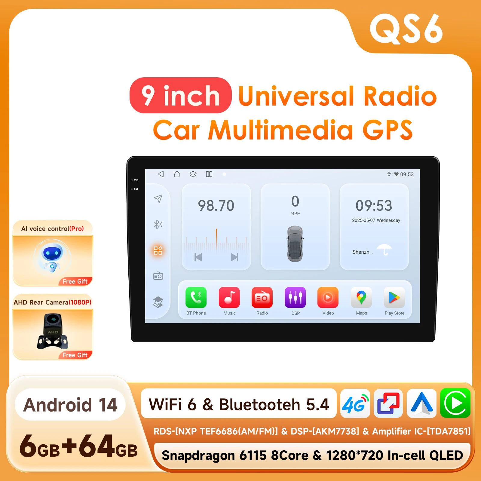 9 inch Autoradio door Snapdragon 6115 Android 14 Universele Auto Multimedia Speler Auto Draadloze Carplay 2din GPS Intelligente Audio