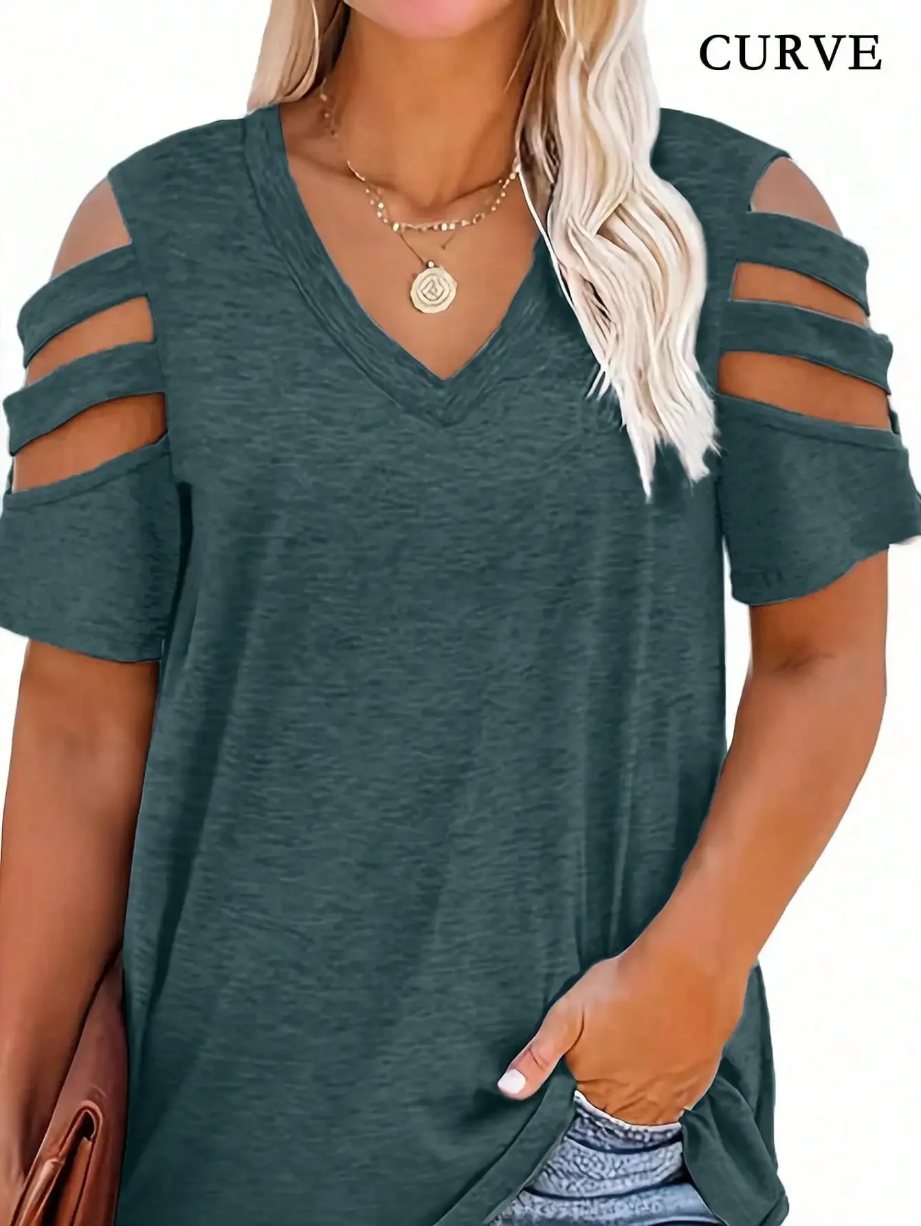 Women Fashion Plus Size 1XL-5XL V-neck Summer Hollow Shoulder Exposed T-shirt Summer Loose Top Short Sleeved Casual T-shirt