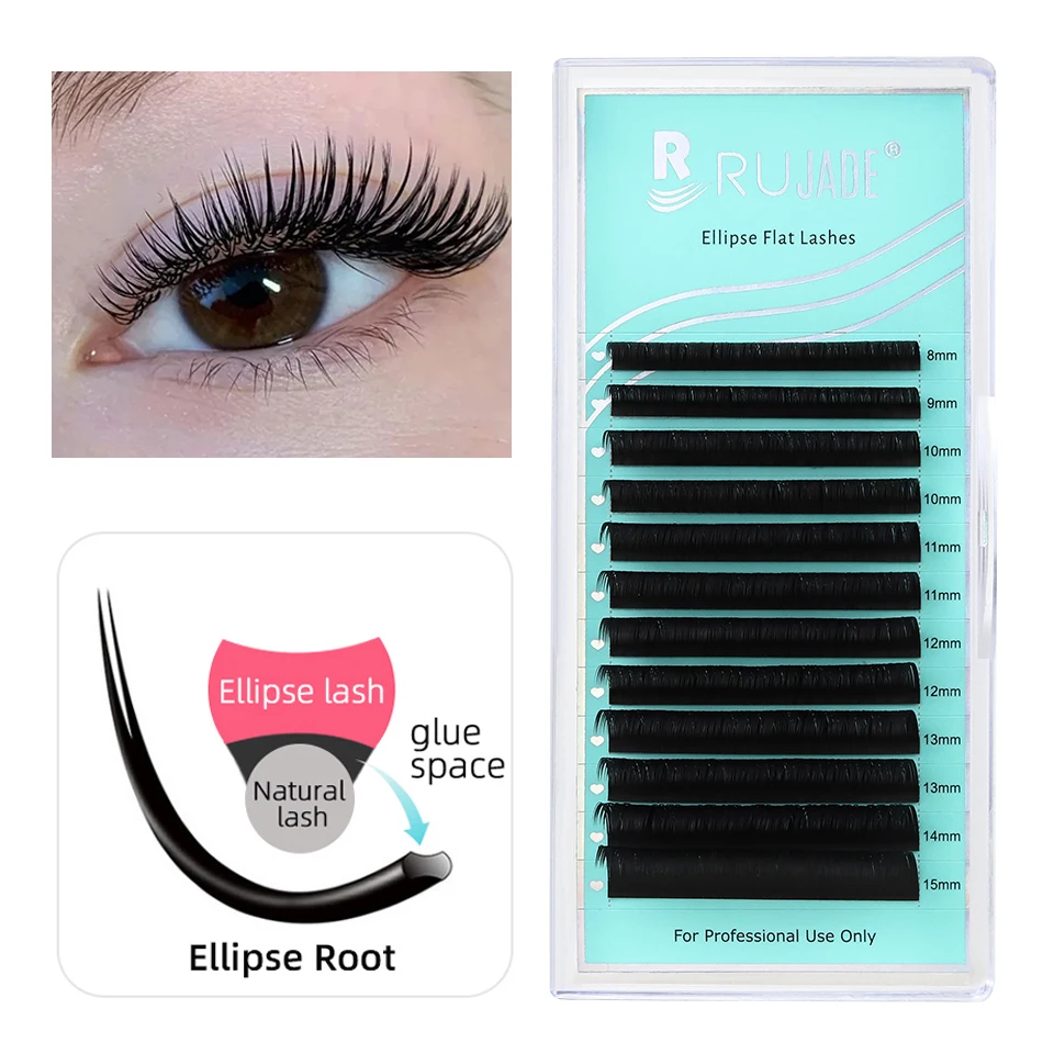 

Rujade Flat Ellipse Eyelashes Split Tips Shaped Soft Natural Light Individual Eyelash Extensions Cashmere Jet Black Flat Lashes