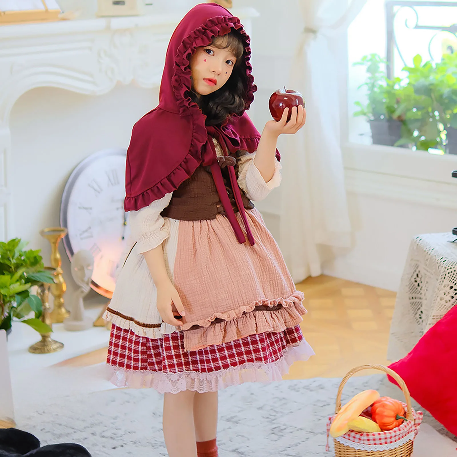 

Christmas Little Red Riding Hood Shawl Cloak Pastoral Style French Girl Cinderella Children's Costume Halloween Cosplay Costume