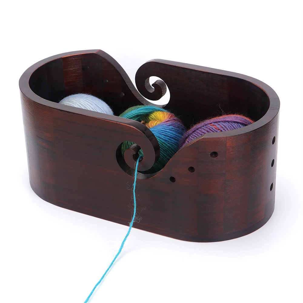 

1 шт. винтажная деревянная миска для вязания - овальное хранилище из переработанной древесины пряжи с двусторонними отверстиями для вязания, органайзер для пряжи большой емкости