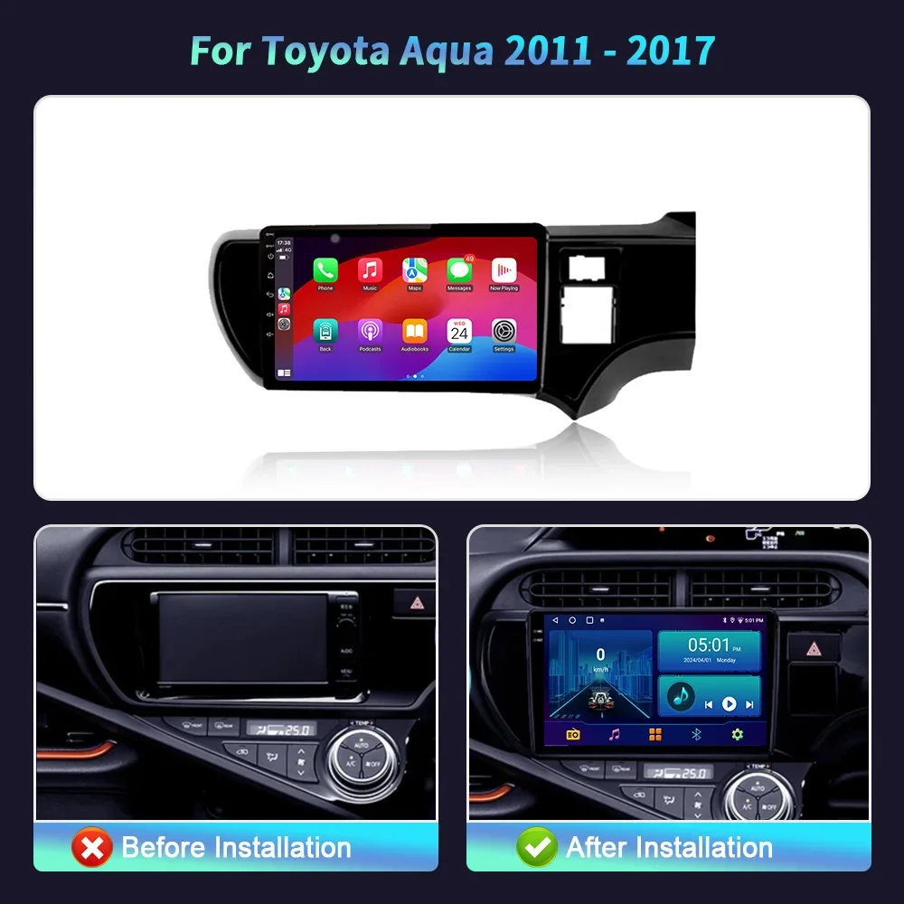 Car Radio Multimedia 4G GPS For Toyota Aqua 2011-2017 Android 14 Navigation Wireless Apple CarPlay Display Touch Screen Stereo