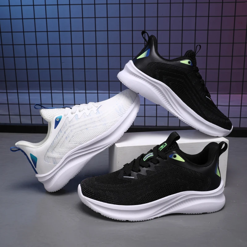 

Мужская повседневная спортивная обувь больших размеров, разноцветная тканая сетка, дышащая мягкая подошва, эластичная амортизирующая летняя обувь для бега на шнуровке