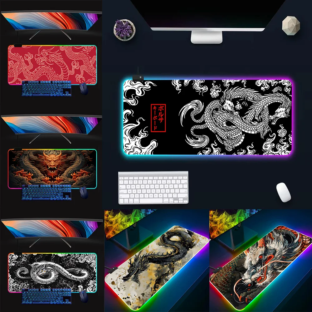 Japanese Black Dragon RGB Pc Gamer Keyboard Mouse Pad Mousepad LED Glowing Mouse Mats Rubber Gaming Computer Mausepad