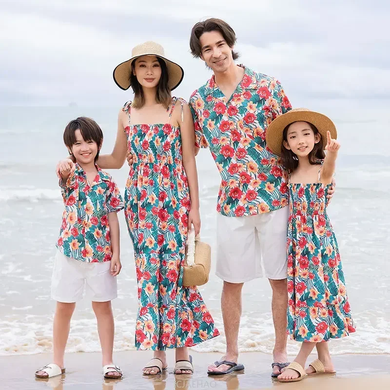 Teen Girl Clothes Family Holiday Dad and Son Boy Beach Shirts and Girls Floral Smock Dress Sleeveless Two Piece Set Vacation Mom