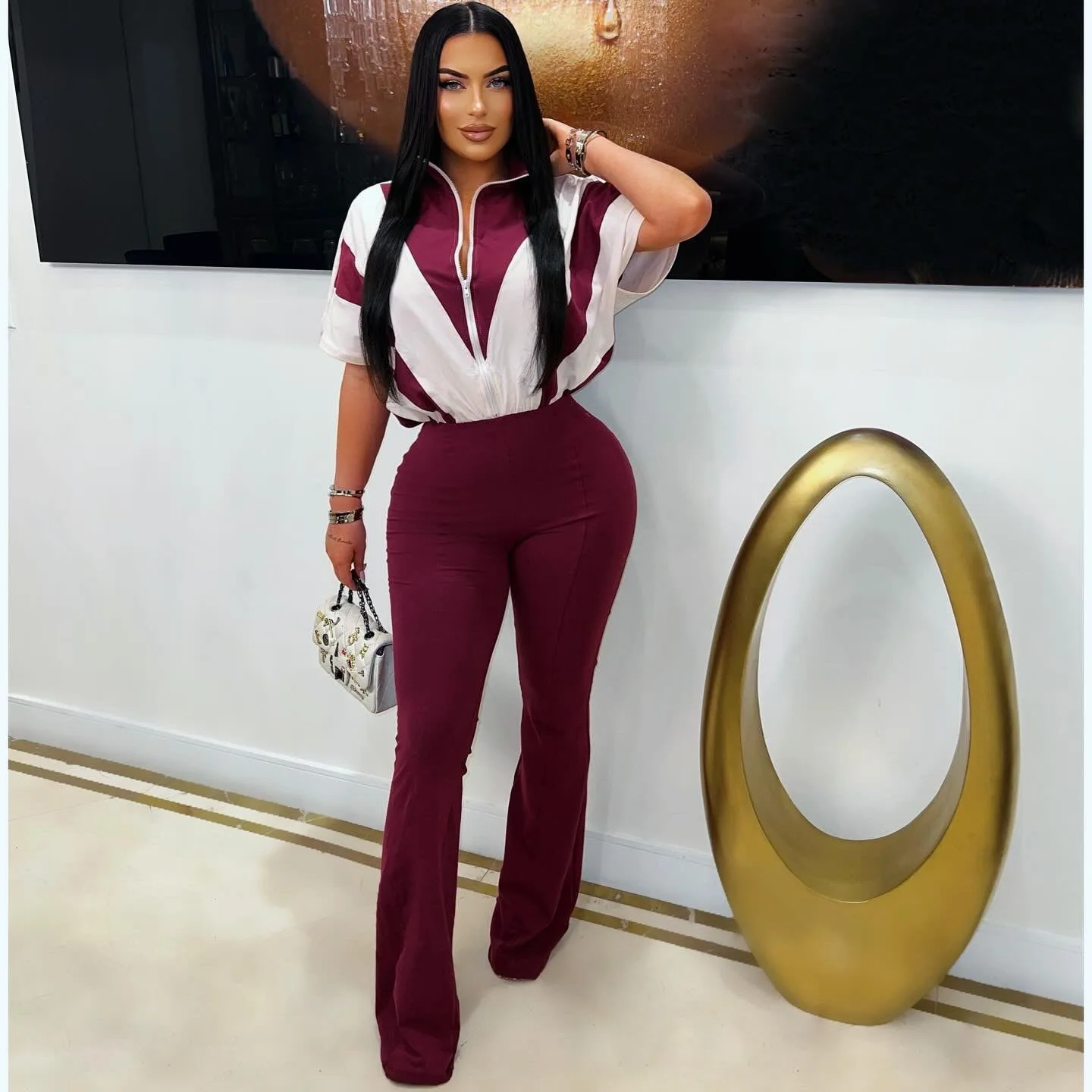 Women's Jumpsuit with Lapel, Zipper, Polyester Splicing, Micro Flared Pants, Jumpsuit for Summer 2025