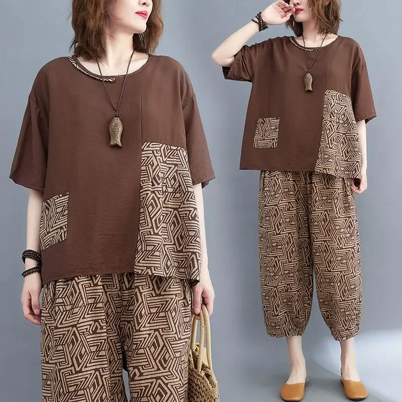 

Large Sized Women's Set Summer New Short Sleeve Printed T-shirt+waist Elastic Cropped Pants Loose Casual Two-piece Set for Women