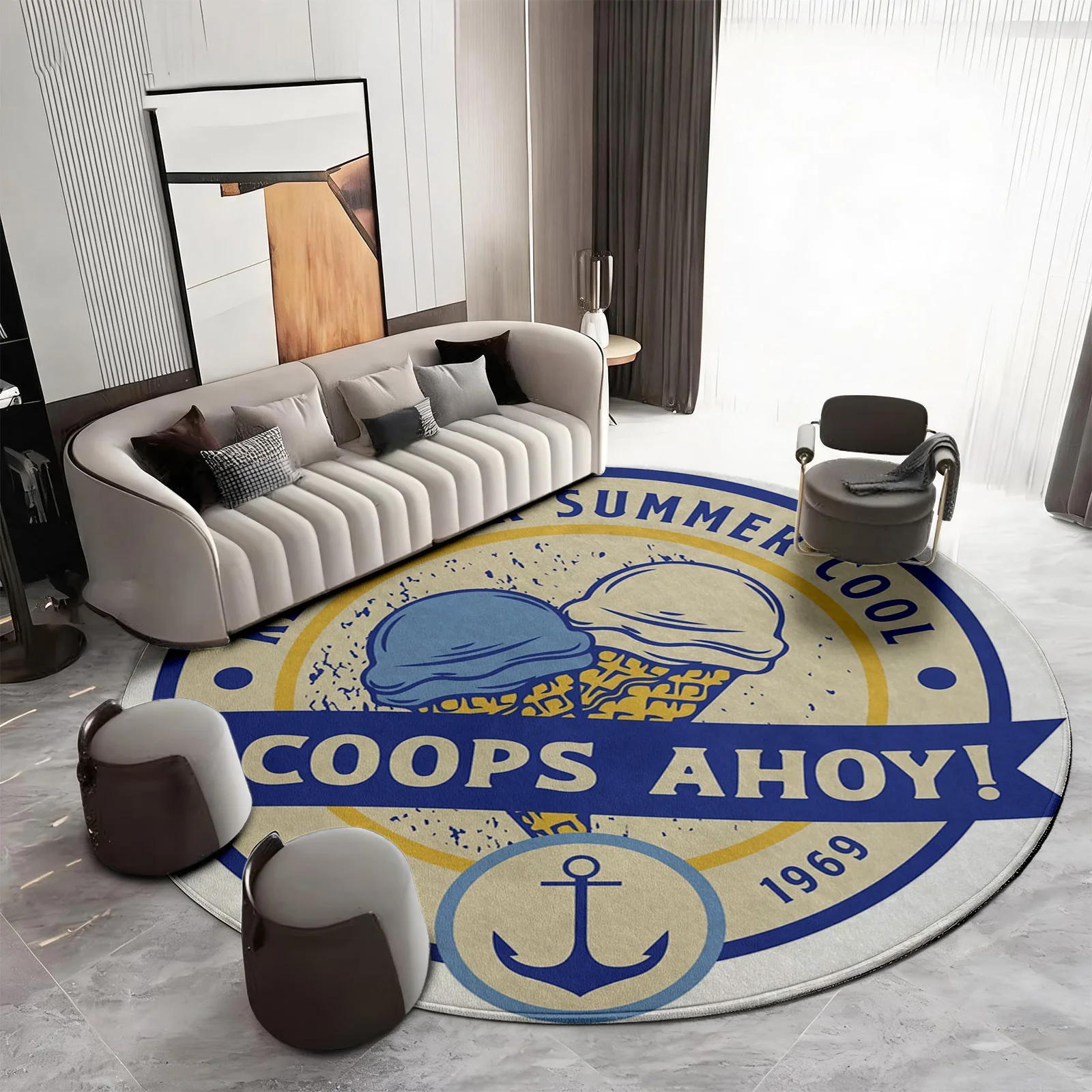 Bohemian Coastal Nautical Round Area Rug Summer Beach Decor Living Room Floor Carpet Anchor Pattern Retro Style Home Decor Mat