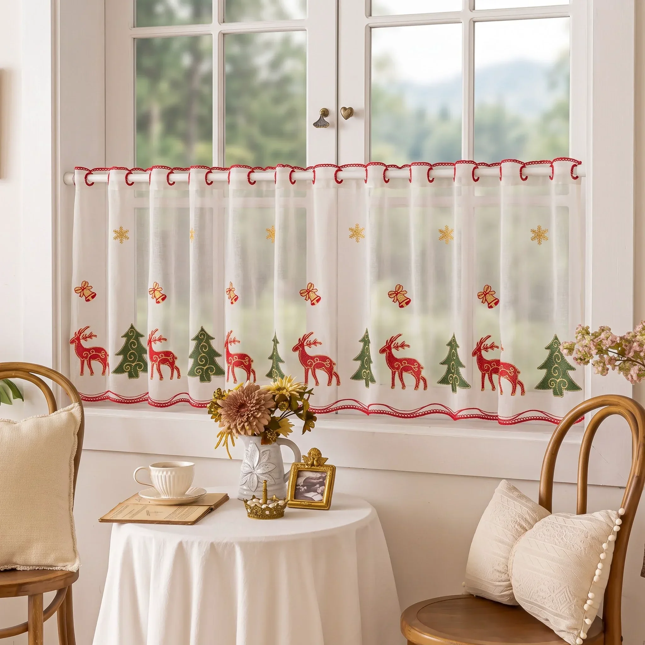1PC Christmas embroidered curtain,reindeer and Christmas tree snowflake pattern,Christmas decoration pole pocket kitchen curtain