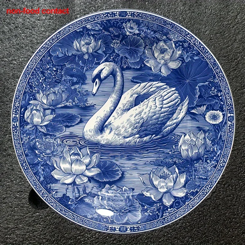 1pc Vintage Blue and White Ceramic Wall Plate - Elegant Swan & for Lotus Floral Decor, Non-Food Contact Decoration for Living
