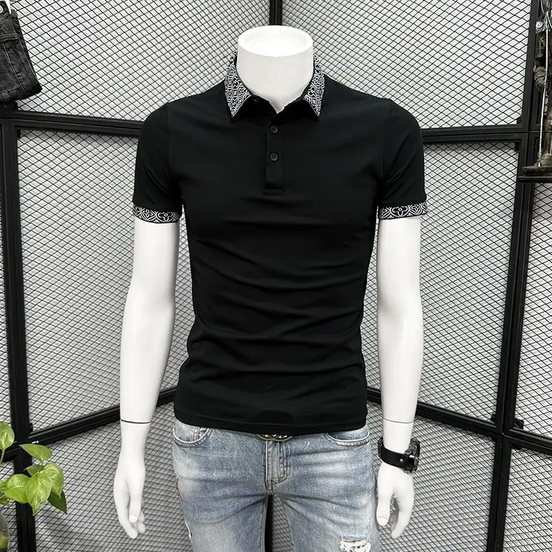 2026 New Men's Pattern Collar Polo Shirt Short Sleeve Summer Streetwear Slim Fit Casual Tee High Quality Jacquard Knitted Top