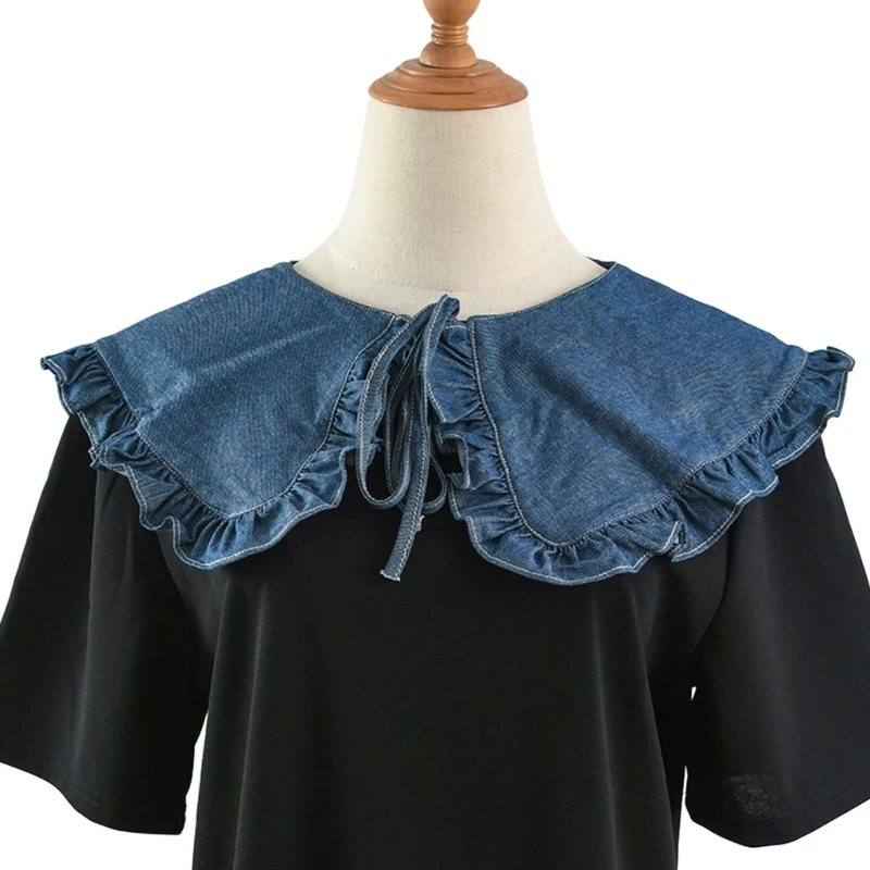 

Sweet Pleated Collar Blue Sewing Applique Neckline for Commuting Decor