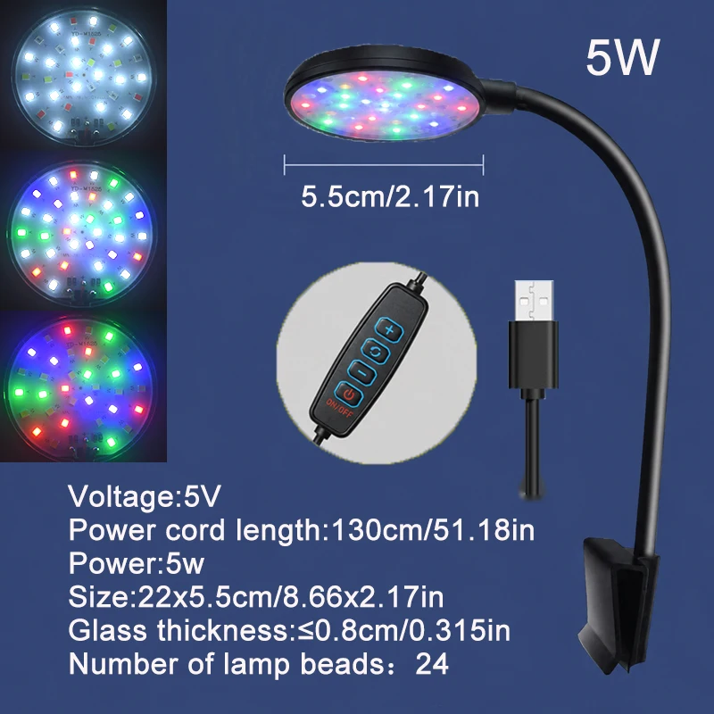 USB Aquarium LED-Lampe Fischbecken-Beleuchtung Deko Aquatische Pflanzen Mehrere Modi Dimmbare Helligkeit Vollspektrum Mini-Klemmleuchte 5V – Detail 4