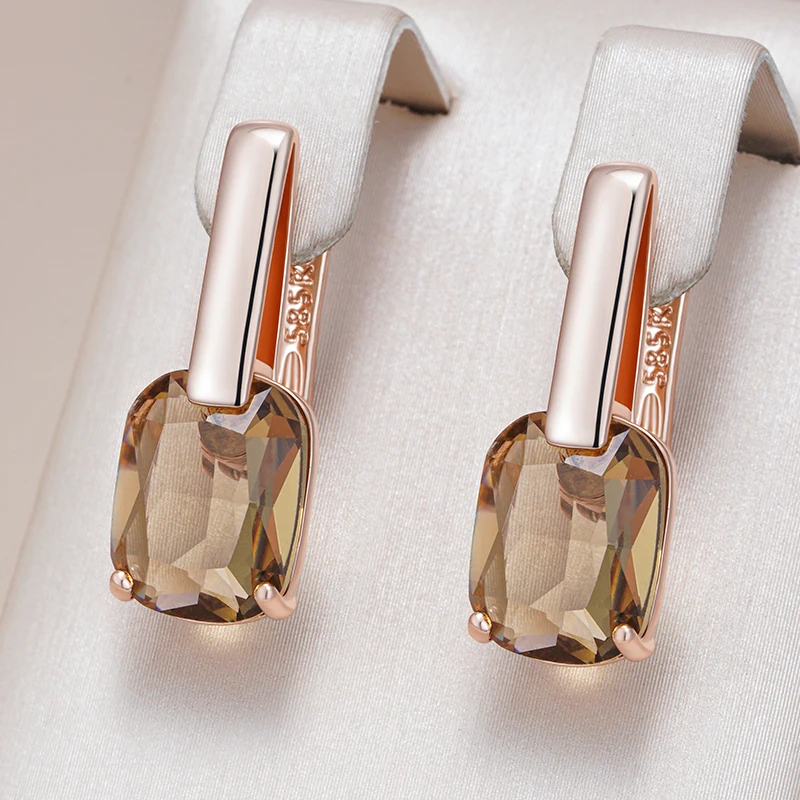 Kinel Hot Square Brown Natural Zircon Drop Earrings for Women Fashion 585 Rose Gold Color High Quality Bride Wedding Jewelry