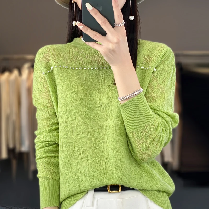 Autumn New Woolen Sweater Women's Round Neck Long Sleeve Solid Color Hollow Jacquard Explosive Pearl Lace Knit Bottoming Shirt