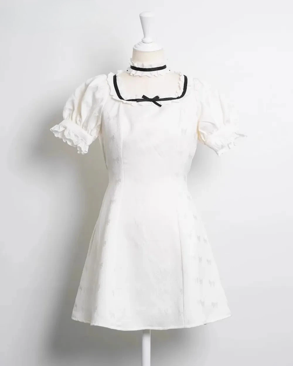 Japanese Style Women's Casual Dresses Cute Girl Lace Color Matching Satin Bow Jacquard Cute Short Sleeve Dress Summer