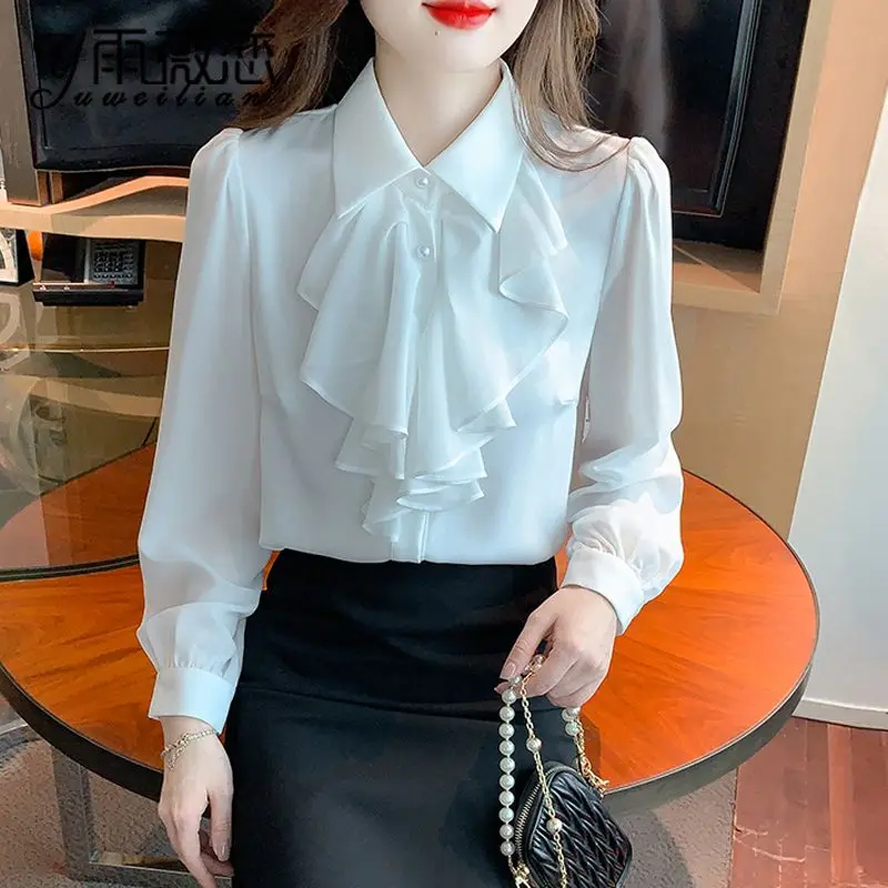 

2023 Autumn and Winter Fashion New Commuter Women's Top Splice Button Ruffle POLO Collar Long Sleeve Solid Color Casual Shirt