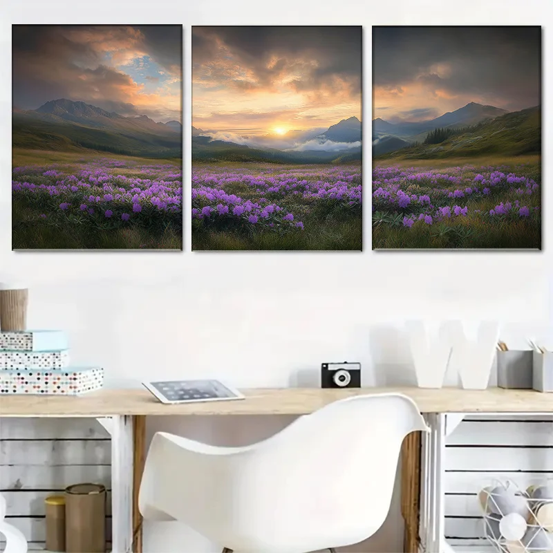 Frameless 2D 3PCS Wrapped Canvas Painting Sunset Meadow theme Wall art Interior framed painting Easter Valentines, Mardi Gras