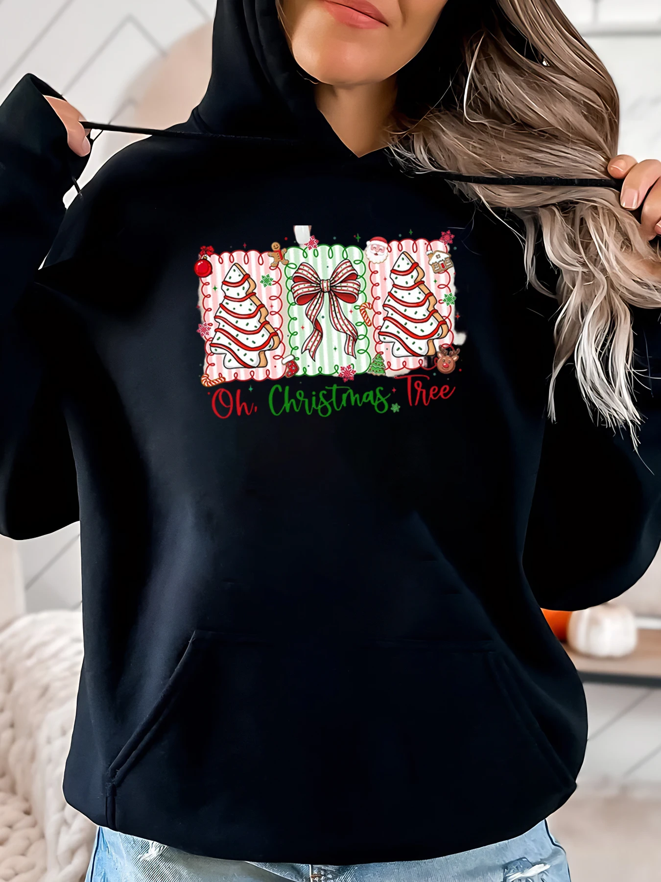 Modello albero di Natale Oh Felpa con cappuccio con stampa albero di Natale Vacanza Donna Abbigliamento casual Nero Taglie forti