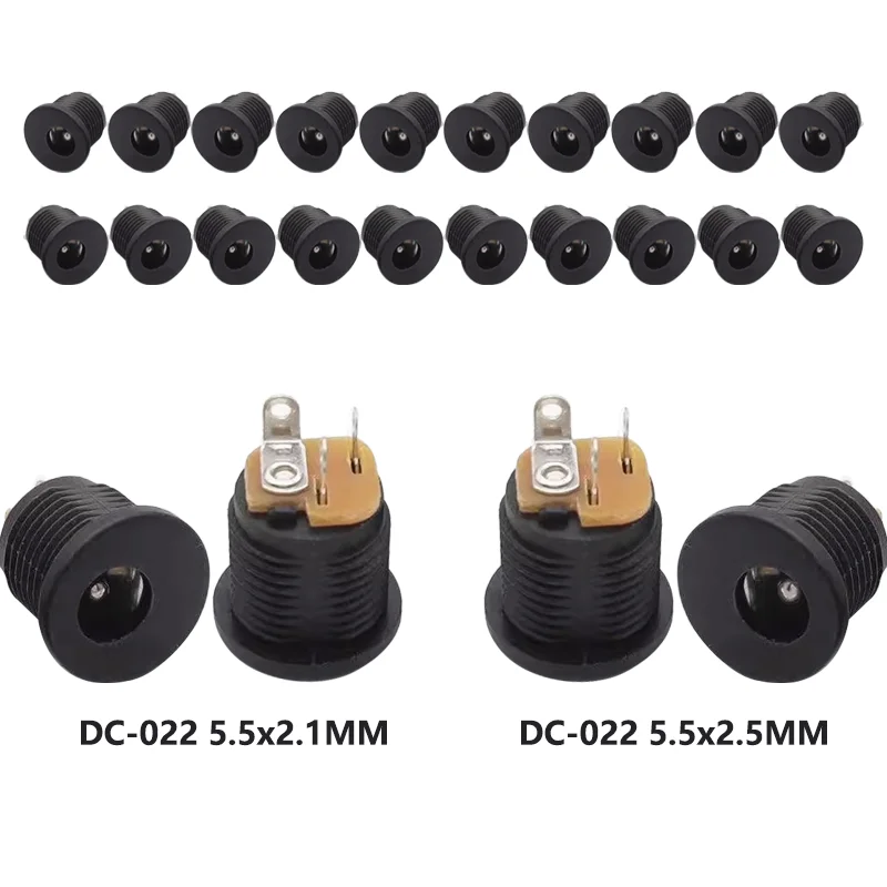 10/50/200PCS DC Power Jack DC-022 5.5x2.1mm Black 5.5x2.5mm DC Connector Panel Mounting 5.5*2.1mm DC022 Socket 5.5-2.5