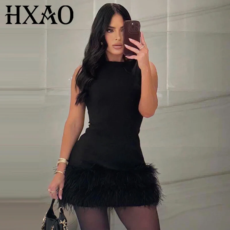 HXAO Schwarzes Federkleid für Damen, Herbst 2022, elegante Partykleider, Mini-elastisch, ärmellos, Sommerkleid, schickes Abendkleid