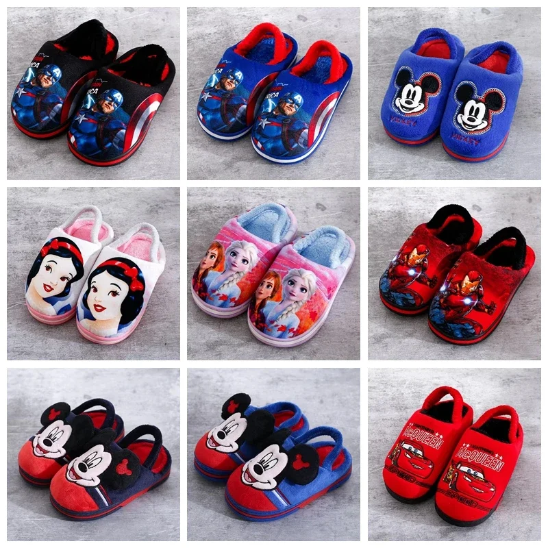 Autumn Winter Kids Cotton Slippers Baby Boys Cartoon Captain America Mickey Minnie Mouse Cars Children Girls Indoor Home Shoes