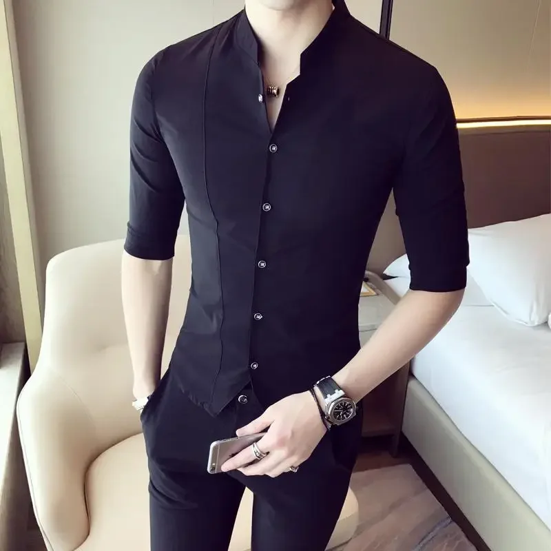 

Plus Size 5XL-M Summer Korean Half Sleeve Shirts For Men Clothing Simple Stand Collar Slim Fit Casual Gentlemen Prom Tuxedo Hot