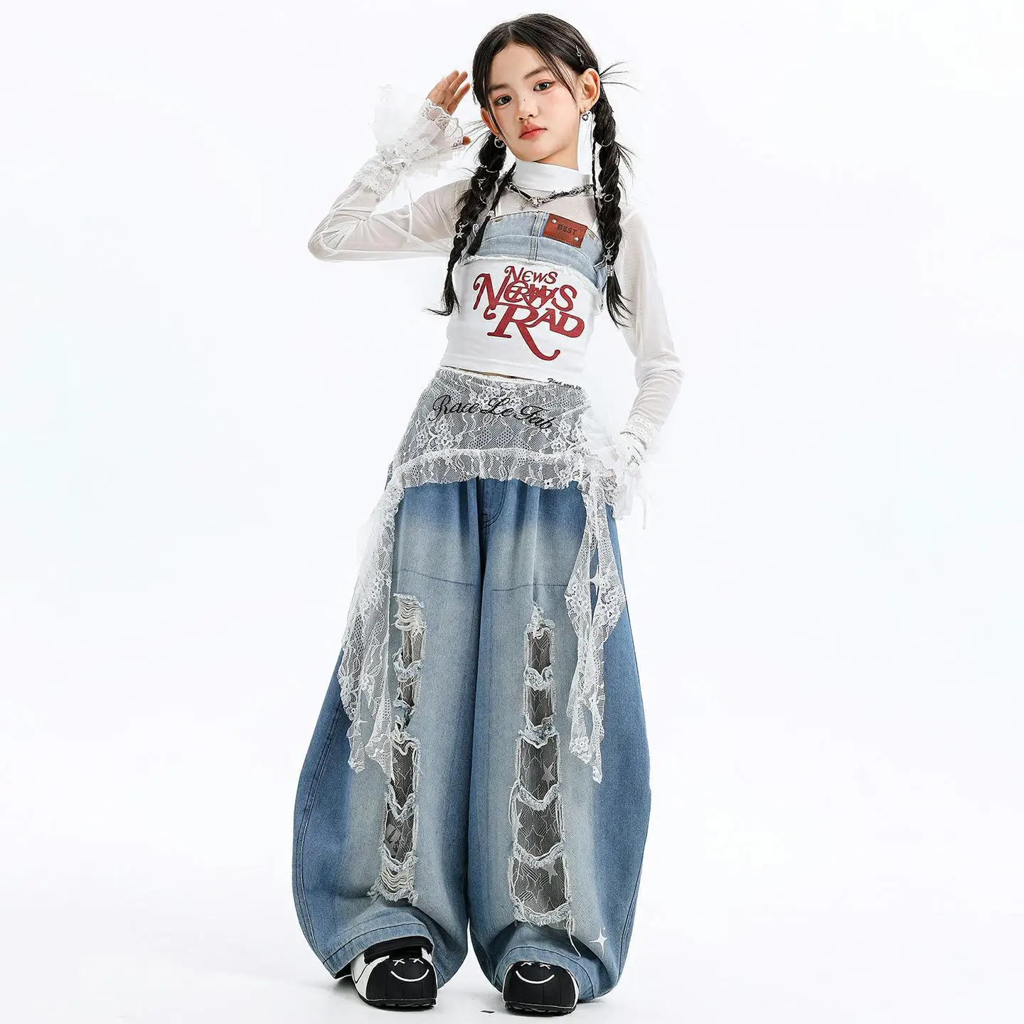 

Kid Kpop Hip Hop Clothing White Lace up Crop Tank Mesh Top Denim Blue Casual Ripped Jeans Pants for Girl Dance Costumes Clothes