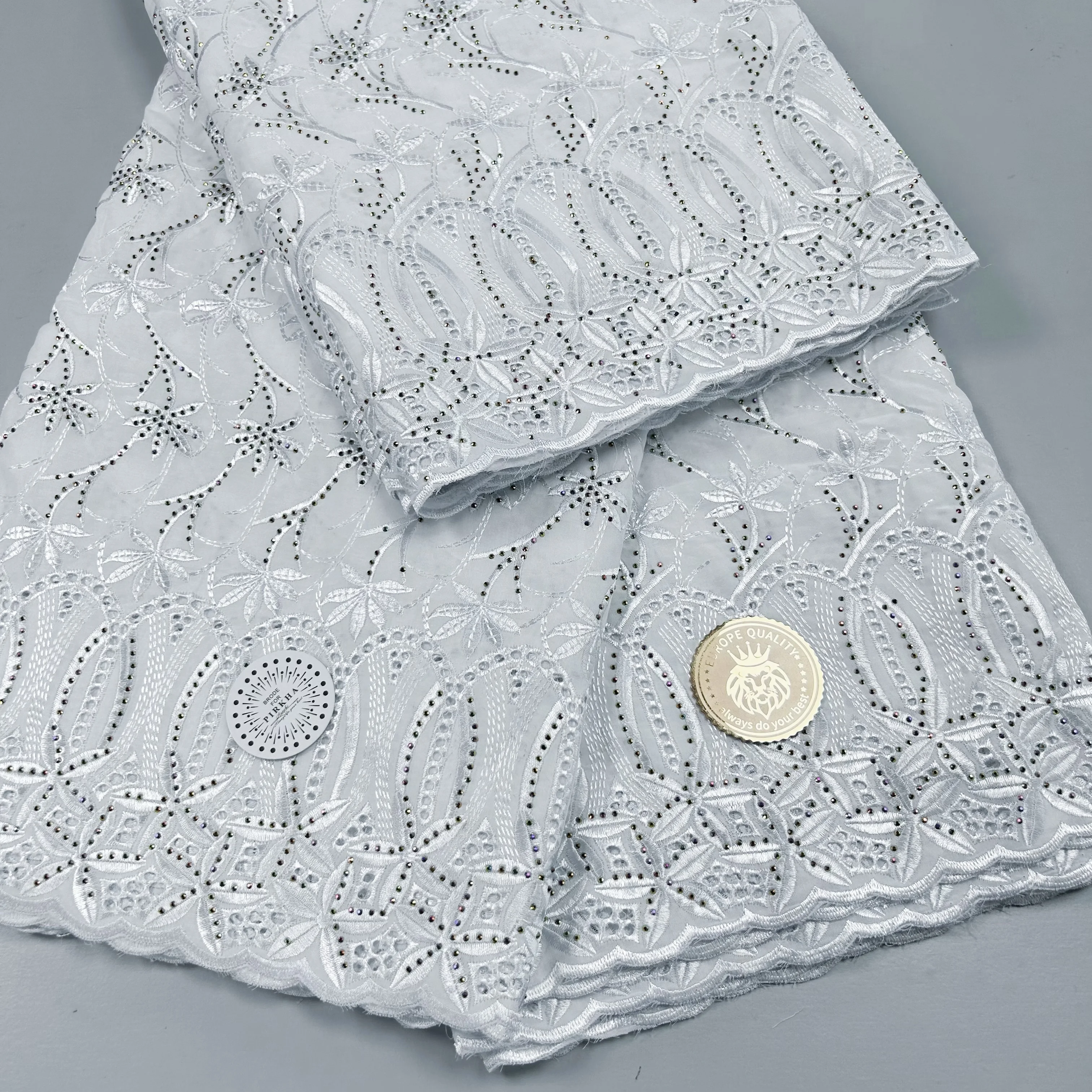 White African Cotton Swiss Lace Fabric High Quality Swiss Voile Lace With Stones Elegant Dry Polish Embroidery For Women Dress