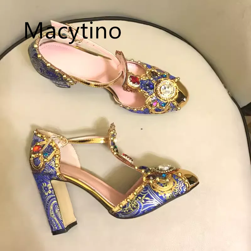 Cruise 2024 New T-Block Pointed Toe Gemstone Flower Heels Rhinestone Pearl Leather Sandals Women\'s Shoes