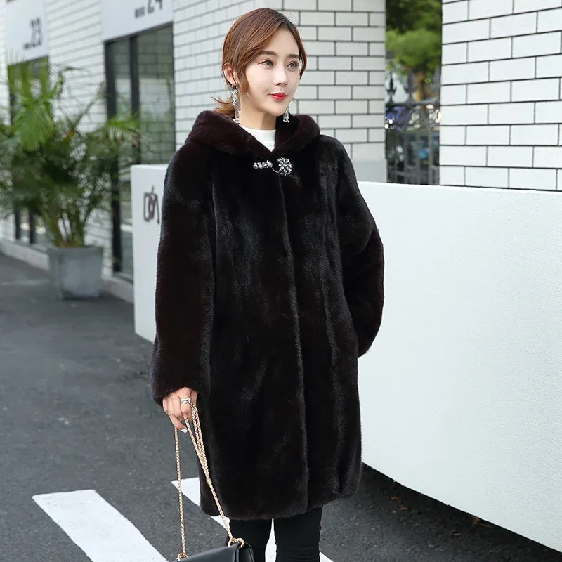 Prawdziwe futro z norek Płaszcze zimowe 2024 Luksusowe futro damskie Ciepłe kurtki z futra norki dla kobiet z kapturem Długa 110cm Casacas Para Mujer SGG