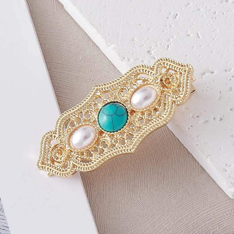 

Vintage Turquoise Hair Clip Minimalist Design Alloy Metal Hair Accessory for Women Daily Wear Bohemian Style Hairpin Gift