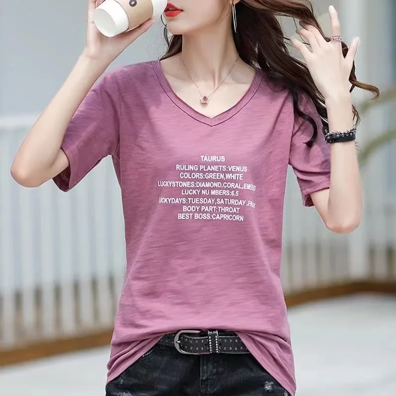 

Women Short Sleeved T-shirt Pure Cotton Letter Printed V-neck Loose and Versatile Top Summer Women's Clothing